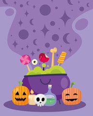 Halloween witch bowl with candies and pumpkins vector design