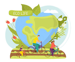 Obraz na płótnie Canvas Eco life concept, healthy organic natural nutrition, ecology vector illustration. Ecological diet and sport. Bicycling family around green planet. Vegetarian lifestyle in world, zero waste.