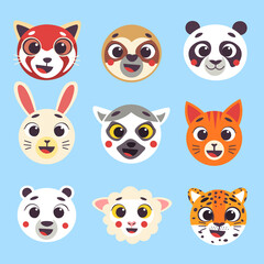 Cute cartoon animals faces set part 2. Isolated vector illustration. Red panda, sloth, panda, hare, lemur, cat, polar bear, sheep, jaguar heads nursery decor.