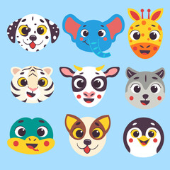 Cute cartoon animals faces set part 3. Isolated vector illustration. Dalmatian dog, elephant, giraffe, white tiger, cow, wolf, snake, dog, penguin heads nursery decor.