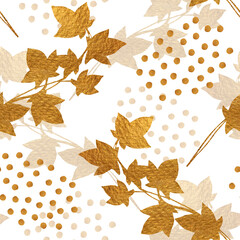 Gold seamless pattern with ivy leaves and polka dots. Hand drawn style. Autumn background.