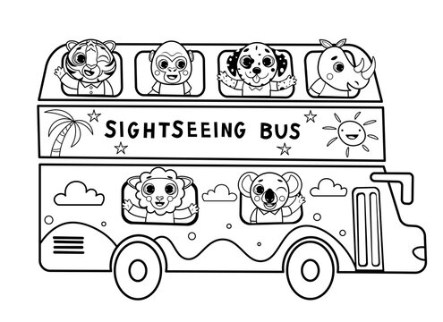 Coloring page outline of cartoon two-floor sightseeing bus with little animals. Vector image on white background. Coloring book of transport for kids.