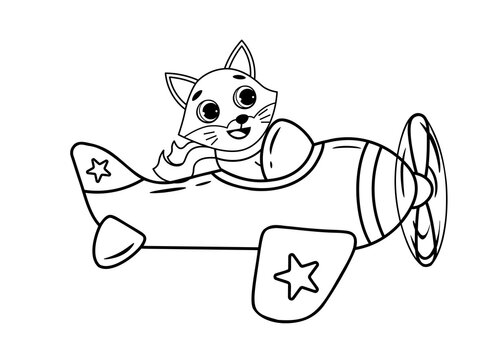 recommend clip art: Coloring page outline of cartoon biplane with fox animal. Vector image on white background. Coloring book of transport for kids.