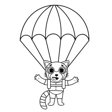 Coloring page outline of cartoon red panda with parachut. Vector image on white background. Coloring book of transport for kids.