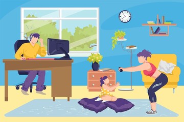 Family at home together concept vector illustration. Man working at home with computer, mother and daughter doing exercises and sport. Family in living room interior. Room indoor.