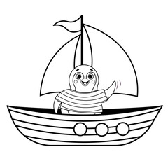 Coloring page outline of cartoon sailboat with penguin. Vector image on white background. Coloring book of transport for kids.