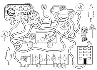 Help the pizza delivery car find the right path to the client. Color maze or labyrinth game for preschool children. Puzzle. Tangled road. Transport for kids