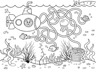 Help the submarine find the right way to the treasure. Maze or labyrinth game for preschool children black and white for coloring. Puzzle. Tangled road. Transport for kids