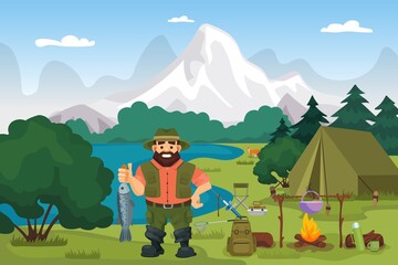 Fisherman on the lake holding fish vector illustration. Fishing and hiking sport or hobby on nature in summer. Camping with tent, fire. backpack in forest or mountains for catching trout fish.