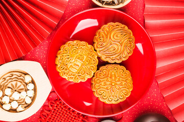 Mid-Autumn Festival concept, Traditional mooncakes on table  with teacup.