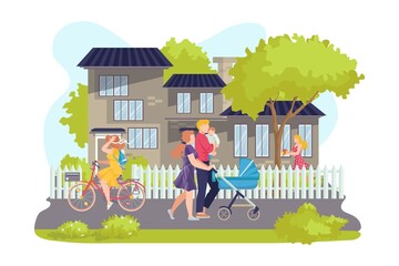 Portrait of happy family walking with baby stroller vector illustration. Family together in summer town park with trees. Parents healthy leisure with child. Young active couple. Leisure.