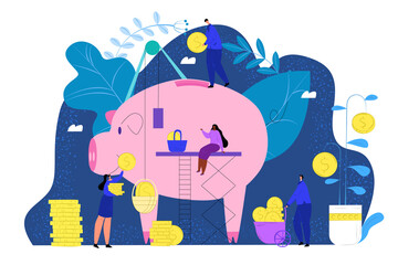 Vector flat illustrations, big piggy bank on white background, financial services, bankers do the work, hoard or save money. Moneymaker or hoarder tiny people with cash savings, economy in finance.