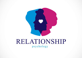 Relationship psychology concept created with man and woman heads profiles, vector logo or symbol of gender problems and conflicts in family, close relations and society. Classic style simple design.