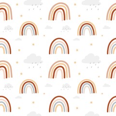 Colorful rainbow seamless pattern in bohemian style with rainbows isolated white background. Brown, red, beige and neutral colored rainbows with stars and clouds, Vector illustration