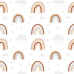 Tapeten Nahtloses Muster des bunten Regenbogens im böhmischen Stil mit Regenbögen lokalisierte weißen Hintergrund. Braune, rote, beige und neutrale Regenbögen mit Sternen und Wolken, Vektorillustration © mitoria