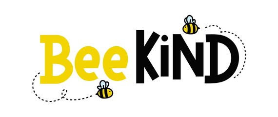 Bee kind funny inspirational card with flying bees and lettering isolated on white background. Colorful quote about kindness with yellow and black colors. Be kind motivational vector illustration