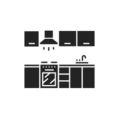 Kitchen interier black glyph icon. A room in the house used for cooking and food preparation. Pictogram for web page, mobile app, promo. UI UX GUI design element.