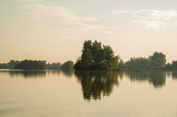 Island in the morning light with trees and shrubs in a lake in Reeuwijk, The Netherlands. Reflection in the water.
