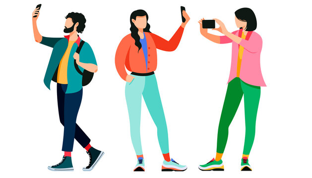 Isolated on white set of people taking selfies vector illustration. Smartphone users making photo design element in flat cartoon style.