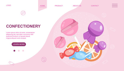 Web page design template for sweets and confectionery with copyspace for text, colored vector illustration