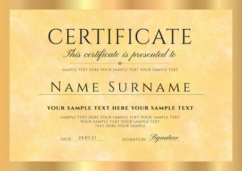 Certificate, Diploma template with gold pattern background (guilloche circle lines) and golden frame. Vector layout useful for IT technology, certificate of appreciation, achievement