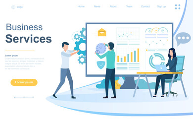 Business Services and Consultancy concept with a group of advisers working on analytical graphs and gears in a web page template, colored vector illustration