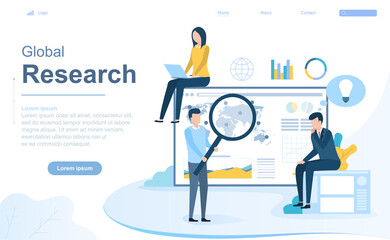 Global Online Research concept with diverse business people working on computers, holding a magnifying glass and inspirational vision, colored vector illustration web page template