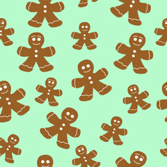 Christmas seamless pattern with family of gingerbread men on a green background