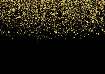 Gold Spiral Flying Vector Black Background. Party 