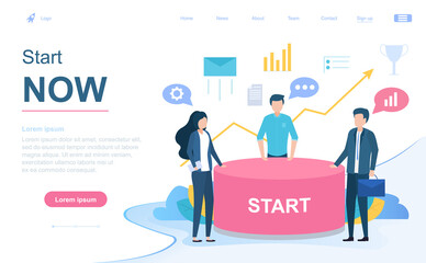 Start Now - do not procrastinate concept with motivated business team having a discussion and copyspace, colored vector illustration web page template
