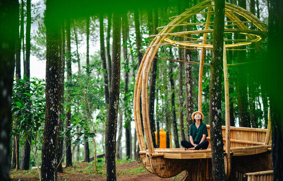 Single Asian girl having fun in forest park at Hutan Pinus Pengger, Yogyakarta, Indonesia.