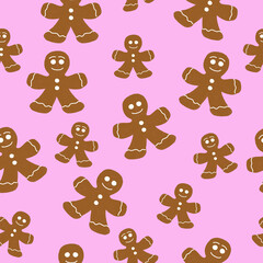 Christmas seamless pattern with family of gingerbread men on a pink background