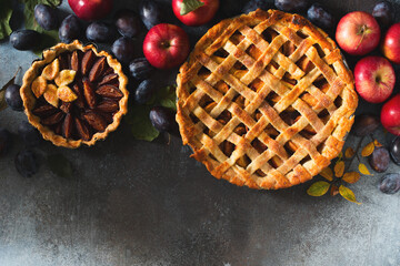 Autumn and summer pie with apple plum on dark  background