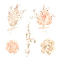 Watercolor bouquets of dried flowers, poppy, fern and pampas grass. Great for printing, textile, web design, souvenir products and other creative fields.