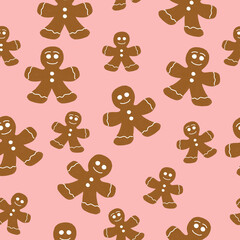 Christmas seamless pattern with family of gingerbread men on an orange background