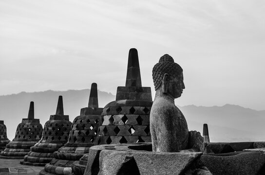 close-up of Buddha sculpture at Borobudur Temple at Yogyakarta, Indonesia.