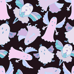 Vector seamless pattern Halloween design of cute ghosts in pastel colors on black background. The design is perfect for backgrounds, textiles, wrapping paper, packaging, advertisements.