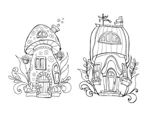 Illustration with mushroom houses. Black and white outline picture.Hand drawing.Coloring