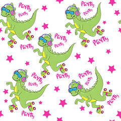 Funny green dragon in glasses, headphones and on rollers on a white background seamless pattern