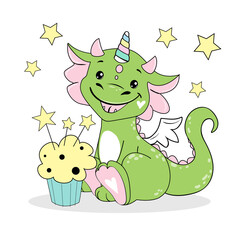 Little green dragon with birthday cake on white background