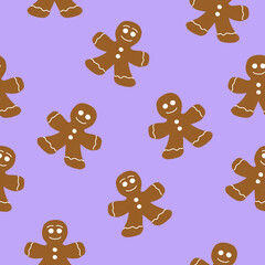 seamless pattern with funny gingerbread men on a purple background