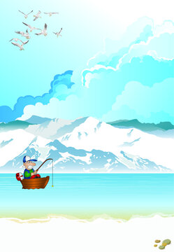 Picturesque arctic landscape with ocean and mountains with fisherman in boat set against a blue cloudy sky