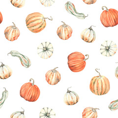 Autumn pumpkins, seamless watercolor pattern on white background in vintage style. Thanksgiving day, harvest with colorful vegetables.
