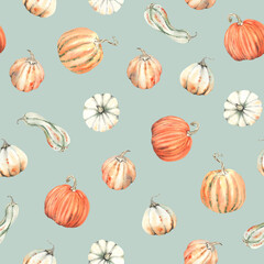 Autumn pumpkins, seamless watercolor pattern on turquoise background in vintage style. Thanksgiving day, harvest with colorful vegetables.