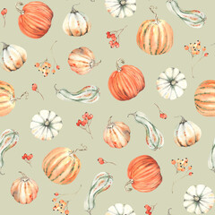 Autumn pumpkins and berries rowan, seamless watercolor pattern on green background in vintage style. Thanksgiving day, harvest with colorful vegetables.