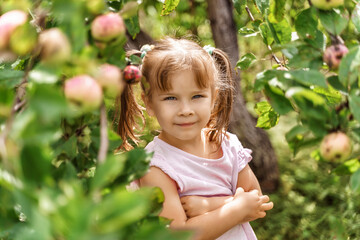 little beautiful girl near the branches of an apple tree with apples