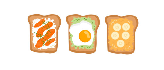 Set of three different toasts: Toast with salmon, avocado toast, toast with peanut butter and banana. Breakfast ideas illustration 