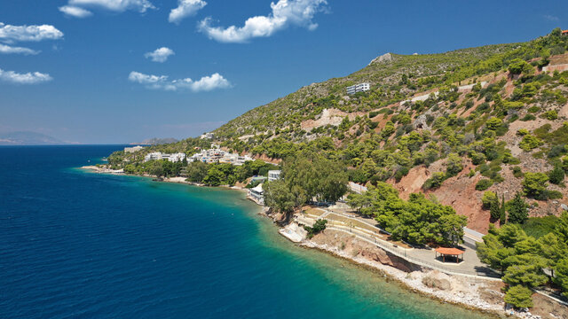 Aerial drone photo of famous seaside area, organised beach and bay of Loutraki town, Corinthian bay, Greece