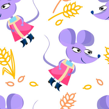 Pattern mouse in a children's dress with spikes and grains. Seamless pattern on a white background