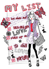 Graphic illustration of a girl with slogan on the background